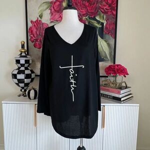 Cozy Women's Long Sleeve Faith Script Cross Graphic T-Shirt Black Size Large NWT